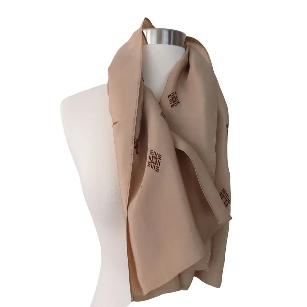 VINTAGE Tan & Brown Art Deco Long Rayon Scarf
